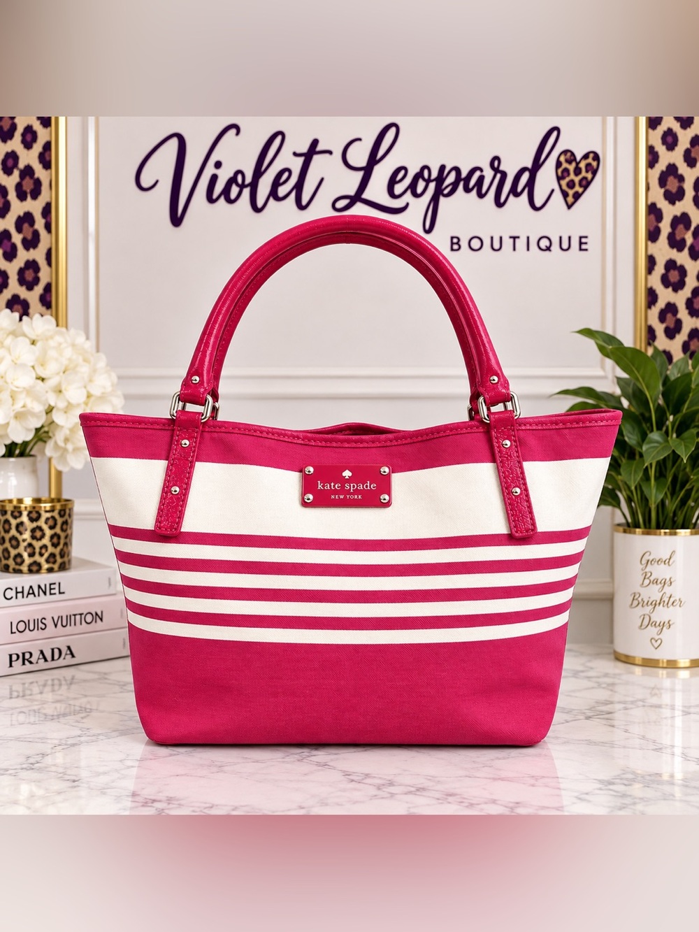 kate spade Hot Pink and White Striped Canvas Tote with Top Handles